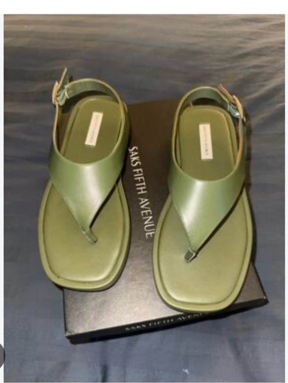 Saks Fifth Avenue Green Leather Thong Sandals with Ankle Strap